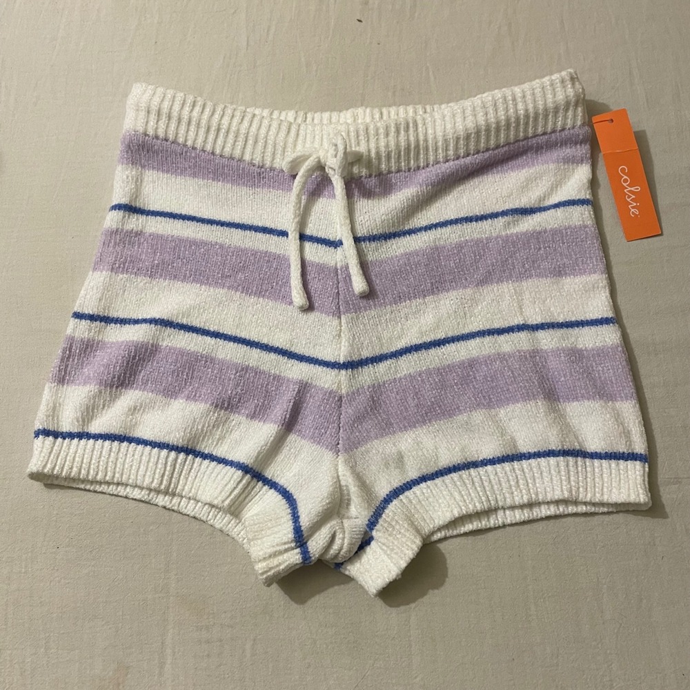 Colsie Womens Small Purple‎ Striped Chenille Knit Lounge Shorts Drawstring NEW